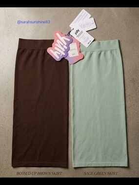 NWT Yitty - Fabletics BUNDLE OF 2 - Sage Green & Bossed Up Brown Midi Skirts